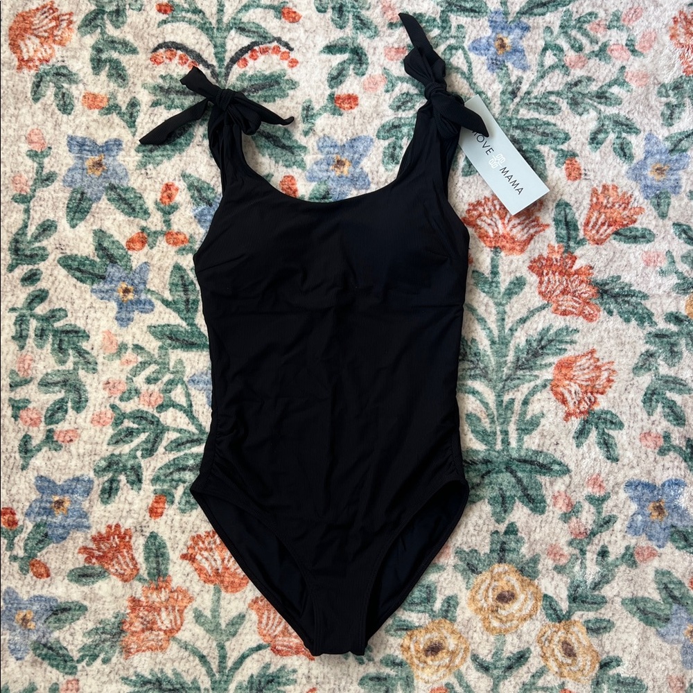 Black Ribbed Tie Strap Nursing Swimsuit Postpartum MoveMama